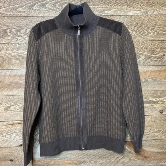 Men’s Moncler Italian Brown zipper front sweater with leather accents Size Large - Picture 1 of 9